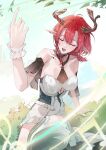  1girl absurdres arm_support bare_shoulders black_choker breasts choker ciaccona_(wuthering_waves) closed_eyes commentary dress frilled_wrist_cuffs frills hair_between_eyes hand_up highres leo795 medium_breasts medium_hair music musical_note no_jacket open_mouth pointy_ears red_hair singing sitting solo tacet_mark_(wuthering_waves) thighs tree_horns white_dress white_wrist_cuffs wrist_cuffs wuthering_waves 