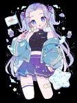 1girl :o bandaid bandaid_on_leg bare_shoulders black_background black_sweater blue_eyes blue_jacket blush_stickers commentary cropped_legs dango ear_piercing earrings flag food forehead hair_ribbon highres holding holding_food jacket jewelry long_hair long_sleeves looking_at_viewer nagihoko off_shoulder open_clothes open_jacket open_mouth original piercing pleated_skirt purple_hair purple_ribbon purple_skirt ribbon simple_background single_thighhigh skirt sleeveless sleeveless_sweater solo sweater thighhighs turtleneck turtleneck_sweater two_side_up very_long_hair wagashi white_thighhighs 