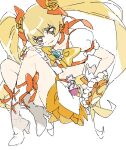  1girl blonde_hair boots bow brooch choker cure_sunshine full_body ginjiro_(ginjiroxx) hand_up heart heart_brooch heartcatch_precure! high_heel_boots high_heels highres jewelry knees_up long_hair magical_girl midriff myoudouin_itsuki navel orange_bow orange_choker orange_skirt precure puffy_short_sleeves puffy_sleeves short_sleeves sitting skirt smile solo twintails white_boots wrist_cuffs yellow_bow yellow_eyes 