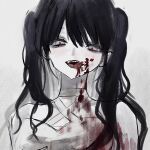  1girl akai_ringo_(eveyuno) black_hair blood blood_on_face crazy_smile highres licking_lips looking_at_viewer original shirt smile tongue tongue_out twintails white_shirt 