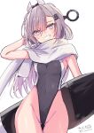  1girl absurdres black_one-piece_swimsuit breasts cowboy_shot grey_eyes grey_hair hair_ornament headgear highleg highleg_one-piece_swimsuit highres hizaka kantai_collection long_hair looking_at_viewer machinery one-piece_swimsuit scarf solo swimsuit two-tone_one-piece_swimsuit wahoo_(kancolle) white_scarf 
