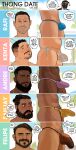  6+boys absurdres asian bara beard black_hair brown_eyes brown_hair bulge character_name chart commentary dark-skinned_male dark_skin english_commentary english_text erection erection_under_clothes facial_hair full_beard highres hudsona male_focus male_pubic_hair multiple_boys mustache original penis pubic_hair short_hair speech_bubble tattoo thong 