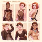  1950s_fashion 6+girls anne_shirley anne_with_an_e belt braid breasts brown_belt brown_cardigan brown_dress brown_hair brown_theme cardigan character_name clothing_cutout commentary copyright_name cornrows dark-skinned_female dark_skin dreadlocks dress elizabeth_bennet elizabeth_harmon english_commentary fashion halle_bailey hat highres jewelry long_hair long_sleeves looking_at_viewer luztapiaart multiple_girls necklace open_cardigan open_clothes orange_hair polka_dot polka_dot_dress ponytail pretty_woman pride_and_prejudice real_life short_hair the_queen&#039;s_gambit underboob underboob_cutout very_dark_skin vivian_ward wavy_hair zendaya 