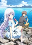  1boy 1girl absurdres anime_coloring black_jacket blue_eyes blue_sky brown_eyes brown_hair brown_pants closed_mouth cloud copyright_notice cumulonimbus_cloud day dress fishing fishing_rod food full_body happy highres holding holding_fishing_rod holding_food horizon jacket key_visual long_hair looking_at_viewer looking_back mountainous_horizon naruse_shiroha ocean official_art open_mouth outdoors pants popsicle promotional_art rock sandals scenery shirt short_hair short_sleeves sitting sky smile summer_pockets takahara_hairi toes very_short_hair watermelon_bar white_dress white_hair white_sandals white_shirt 