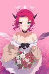 1girl absurdres armpit_crease bare_shoulders bouquet breasts brown_cardigan cardigan choker cleavage commission demon_horns detached_wings double_halo dress feca forehead green_eyes halo heterochromia highres holding holding_bouquet hololive hololive_english horns irys_(casualrys)_(hololive) irys_(hololive) jewelry lace lace_choker looking_at_viewer necklace off_shoulder open_cardigan open_clothes pink_background pink_hair pointy_ears red_eyes second-party_source short_hair sleeveless sleeveless_dress smile solo virtual_youtuber white_dress wings 