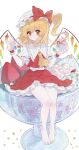  1girl absurdres ascot barefoot blonde_hair bow crystal crystal_wings ff_(pixiv_104744337) flandre_scarlet frilled_shirt_collar frills full_body hat hat_ribbon highres looking_at_viewer mob_cap puffy_short_sleeves puffy_sleeves red_bow red_eyes red_skirt red_vest ribbon shirt short_hair short_sleeves side_ponytail simple_background sitting skirt skirt_set solo touhou vest white_background wings yellow_ascot 
