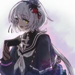  1girl :d arm_at_side assault_lily black_capelet black_choker black_flower black_gloves black_hairband black_ribbon black_sailor_collar black_serafuku black_shirt bow_hairband capelet cardigan choker digamma fingerless_gloves fingernails flower gloves gradient_background grey_background grey_hair hair_ribbon hairband hand_up hashtag-only_commentary heterochromia highres holding holding_jewelry holding_necklace jewelry lace-trimmed_capelet lace_trim long_hair long_sleeves looking_ahead low_ponytail nail_polish neck_ribbon neckerchief necklace open_cardigan open_clothes open_mouth pink_eyes ponytail purple_background purple_flower purple_nails red_flower red_ribbon ribbon ribbon_choker sailor_collar school_uniform serafuku shirt smile solo upper_body very_long_hair white_background white_neckerchief white_ribbon yamaguchi_chihiro_(assault_lily) yellow_eyes 