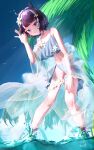 1girl absurdres bikini blunt_bangs day floomf flower flower_thigh_strap hair_flower hair_ornament hand_on_own_leg highres hololive hololive_english holonatsu_paradise looking_at_viewer navel ninomae_ina&#039;nis ninomae_ina&#039;nis_(holonatsu_paradise) official_alternate_costume official_alternate_hairstyle outdoors palm_tree purple_bikini purple_eyes purple_hair ruffle_bikini see-through_clothes see-through_shawl shawl signature smile solo stomach swimsuit tree virtual_youtuber wading water 