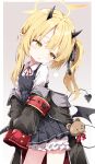  1girl armband asymmetrical_hair black_coat black_dress black_horns black_tail black_wings blonde_hair bloomers blue_archive blush coat commentary cowboy_shot demon_girl demon_horns demon_tail demon_wings dress flat_chest gradient_background grey_background halo highres horns ibuki_(blue_archive) long_hair long_sleeves open_mouth pinafore_dress pleated_dress pointy_ears red_armband ribbon sabana shirt side_ponytail simple_background sleeveless sleeveless_dress sleeves_past_fingers sleeves_past_wrists solo tail white_bloomers white_shirt wings yellow_eyes yellow_halo 