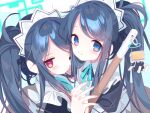  2girls aris_(blue_archive) aris_(maid)_(blue_archive) black_dress black_hair blue_archive blue_background blue_eyes blue_hair blue_halo dated_commentary dress halo holding_hands interlocked_fingers kei_(blue_archive) kei_(robot)_(blue_archive) koori long_hair looking_at_viewer maid_headdress multiple_girls neck_ribbon official_alternate_costume one_eye_closed red_eyes ribbon simple_background upper_body 