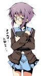  1girl blue_sailor_collar blue_skirt blush brown_cardigan cardigan glasses kita_high_school_uniform long_sleeves nagato_yuki open_cardigan open_clothes piromizu sailor_collar school_uniform serafuku short_hair simple_background skirt solo suzumiya_haruhi_no_shoushitsu suzumiya_haruhi_no_yuuutsu variant_set white_background winter_uniform 