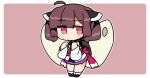  1girl ahoge backpack bag black_sandals blush border brown_background brown_hair chibi chibi_only closed_mouth full_body hands_up headgear ini_(inunabe00) japanese_clothes kimono long_sleeves looking_at_viewer miniskirt obi okobo outline outside_border platform_sandals pleated_skirt purple_skirt red_eyes red_sash sandals sash short_hair simple_background skirt socks solo standing tabi touhoku_kiritan voiceroid white_border white_kimono white_outline white_socks 