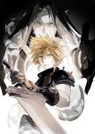  2boys absurdres armor black_gloves black_sweater blonde_hair brown_gloves buster_sword clenched_teeth cloud_strife covered_mouth final_fantasy final_fantasy_vii final_fantasy_vii_remake fui_(fui29493452) gloves green_eyes grey_hair hair_intakes hand_up hands_up highres holding holding_sword holding_weapon long_hair male_focus multiple_boys official_alternate_eye_color outstretched_arms parted_bangs parted_lips pauldrons sephiroth serious short_hair shoulder_armor single_pauldron size_difference sleeveless sleeveless_sweater sleeveless_turtleneck spiked_hair standing sweater sword teeth tentacles toned toned_male turtleneck turtleneck_sweater upper_body very_long_hair weapon 
