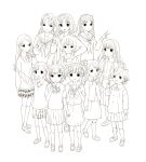  6+girls arm_up bob_cut bow bowtie breasts cardigan child collar collared_shirt greyscale hair_between_eyes hair_ornament hair_ribbon hairclip highres kindergarten_uniform kneehighs kusanagi_koyori loafers long_hair long_sleeves looking_at_viewer medium_hair milk_tissue_girl miniskirt monochrome multiple_girls neckerchief open_mouth peter_pan_collar plaid_clothes plaid_skirt pleated_skirt ponytail ribbon sailor_collar school_uniform serafuku shirt shoes short_hair short_sleeves short_twintails side_ponytail simple_background skirt smile smock socks suspender_skirt suspenders toddler twintails v w white_background 