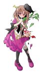  1girl alphes_(style) apron black_hat black_socks blush brown_hair capelet commentary_request dairi damaged defeat dress full_body hat holding kneehighs leaf long_hair mary_janes myouga_(plant) nishida_satono open_mouth parody puffy_short_sleeves puffy_sleeves purple_dress purple_eyes purple_shoes red_ribbon ribbon shoes short_sleeves sidelocks socks solo standing style_parody tachi-e tassel tate_eboshi tears torn_clothes torn_dress touhou transparent_background waist_apron white_apron white_capelet 