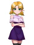  1girl alternate_costume black_thighhighs blonde_hair blush breasts closed_mouth clothing_cutout commentary_request cowboy_shot crossed_arms dress expressionless green_eyes highres looking_at_viewer medium_breasts mizuhashi_parsee pointy_ears purple_dress short_hair shoulder_cutout simple_background solo split_mouth thighhighs touhou white_background yokozuna_iwashi 