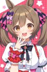  1girl :d animal_ears blush bow breasts brown_eyes brown_hair center_frills collared_shirt commentary_request frills hair_between_eyes hair_bow hand_up horse_ears looking_at_viewer mauve pink_bow puffy_short_sleeves puffy_sleeves purple_bow shirt short_sleeves small_breasts smart_falcon_(umamusume) smile solo star_(symbol) twintails umamusume upper_body white_shirt wrist_cuffs 
