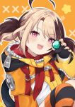  1girl diamond_(minecraft) fingerless_gloves gigi_murin gloves highres hololive hololive_english hood hoodie kyuzuki89 light_smile multicolored_hair orange_background orange_hoodie orange_nails orange_shrug orange_thighhighs purple_eyes sharp_teeth shirt short_twintails t-shirt teeth thighhighs twintails two-tone_hair virtual_youtuber zipper_pull_tab 
