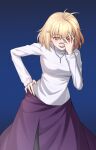  1girl ahoge arcueid_brunestud black_pantyhose blonde_hair darkhawkayin evil_grin evil_smile grin hair_between_eyes hand_on_own_face hand_on_own_hip highres jewelry looking_at_viewer necklace pantyhose purple_skirt red_arcueid red_eyes short_hair side_slit skirt smile sweater tsukihime tsukihime_(remake) turtleneck turtleneck_sweater vampire 