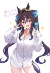  1girl alternate_costume beret borrowed_clothes breasts brown_hair daifuku_momiji double_v hair_between_eyes hair_ornament hat heart highres horse_girl looking_at_viewer medium_breasts open_mouth solo translation_request twintails umamusume v vivlos_(umamusume) white_background 