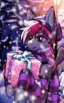  ambiguous_gender box christmas clothed clothing container digital_media_(artwork) english_text equid equine feathered_wings feathers friendship_is_magic gift gift_box hair halftone hasbro hat headgear headwear hi_res holidays horse legwear looking_at_object mammal my_little_pony mythological_creature mythological_equine mythology outside pegasus pink_hair plant pony purple_body purple_eyes scarf simple_background smile snow solo stockings text tree wings winter yasha_the_husky 