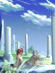  2girls 37_(reverse:1999) :d absurdres ancient_greek_clothes armlet barefoot blue_eyes blue_hair blue_sky broken_pillar cloud column day facing_away gold_choker grass greco-roman_clothes hair_between_eyes hairband highres jewelry long_hair looking_down multiple_girls open_mouth outdoors pillar red_hair reverse:1999 simple_bird sitting sky smile sophia_(reverse:1999) tn_kn1000 toga very_long_hair wariza watermark white_hairband wide_shot 