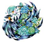  alternate_color black_dress black_gloves blue_flower blue_hair blue_rose bob_cut colored_skin dress elbow_gloves falling_petals flower gardevoir gloves hair_over_one_eye izumi_asuka looking_at_viewer mega_gardevoir mega_pokemon orange_eyes petals pokemon pokemon_(creature) rose shiny_pokemon strapless strapless_dress white_skin 