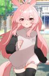  absurdres animal_ears blush hair_ornament hana20000920 highres hood hoodie horse_ears horse_girl horse_tail kemonomimi_mode long_sleeves mumble_(shachimu) open_mouth pink_eyes pink_hair pink_hoodie running solo sweater_under_dress tail thighhighs virtual_youtuber 