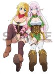 2girls ahoge anime_coloring bare_shoulders blonde_hair blue_eyes bracer braid breasts cleavage closed_mouth collarbone corset earrings elf full_body hair_between_eyes jewelry large_breasts long_hair long_sleeves multiple_girls outstretched_legs overskirt pink_hair pointy_ears red_corset red_overskirt red_scarf rit_(shin_no_nakama) sample_watermark scarf shin_no_nakama_janai_to_yuusha_no_party_wo_oidasareta_no_de_henkyou_de_slow_life_suru_koto_ni_shimashita simple_background sitting smile tareme thighhighs thighs watanabe_ruriko watermark white_background yarandrala zettai_ryouiki 