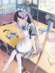  1girl absurdres apron aris_(blue_archive) aris_(maid)_(blue_archive) arona_(blue_archive) black_dress black_hair black_shoes blue_archive blue_halo book bottle chair commentary_request desk doodle_sensei_(blue_archive) dress fla_me5 gun halo handgun highres holding holding_bottle maid_apron maid_headdress momoi_(blue_archive) official_alternate_costume official_alternate_hairstyle on_desk pantyhose paper phone pocari_sweat ponytail sensei_(blue_archive) shoes short_sleeves sitting solo unworn_shoes weapon white_pantyhose whiteboard 