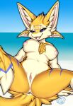 4_ears absurd_res anthro areola avali beach bedroom_eyes big_breasts biped black_sclera breasts clitoris countershade_body countershade_face countershade_fur countershade_torso countershading digital_media_(artwork) feathers female fur genitals hair hi_res inner_ear_fluff inviting looking_at_viewer multi_ear multicolored_body multicolored_feathers multicolored_fur narrowed_eyes nipples nude outside pink_areola pink_nipples purple_eyes sand sea seductive simple_background smile solo stripes tail thick_thighs tuft vulva water wings yasha_the_husky yellow_body yellow_feathers yellow_fur