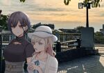  2girls :d above_cleavage_cutout black_sweater blue_eyes blue_ribbon breasts ceras_yanagida_lilienfeld ceras_yanagida_lilienfeld_(summer_casual) commentary_request dress dress_ribbon grey_skirt hair_ornament hair_ribbon hat haz high-waist_skirt jacket katsuragi_izumi katsuragi_izumi_(summer_casual) large_breasts link!_like!_love_live! long_hair looking_at_another love_live! medium_breasts multiple_girls official_alternate_costume open_clothes open_jacket open_mouth orange_eyes outdoors photo_background pink_ribbon pointing ribbon short-sleeved_sweater short_sleeves skirt sleeveless sleeveless_dress smile sun_hat sweater triangle_hair_ornament virtual_youtuber white_dress white_hat white_jacket wolf_cut 