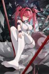  1girl absurdres armlet bare_shoulders black_bow black_hairband blush bodysuit bow breasts closed_mouth collar commentary earrings hair_bow hair_ornament hairband highres jewelry large_breasts long_hair looking_at_viewer lu_lu_mao lupa_(wuthering_waves) metal_collar multiple_hair_bows no_shoes red_pupils reflective_surface revision sitting solo tail twintails white_bodysuit wolf_tail wrist_guards wuthering_waves yellow_eyes 