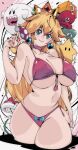  1girl ?_block absurdres bikini blonde_hair blue_eyes boo_(mario) breasts cowboy_shot crown earrings front-tie_bikini_top front-tie_top hat highres holding holding_mushroom jewelry kinakomochi_(user_vedc2333) large_breasts long_hair looking_at_viewer mario_(series) mushroom pink_bikini piranha_plant princess_peach sphere_earrings super_mushroom super_star_(mario) swimsuit unworn_hat unworn_headwear 