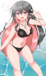  1girl absurdres anchor_pendant bikini black_bikini black_hair breasts cleavage colored_inner_hair commentary_request front-tie_bikini_top front-tie_top hairband highres itsuya_(hmizugucti) jewelry kantai_collection large_breasts leaning_forward multi-strapped_bikini_bottom multicolored_hair naganami_(kancolle) naganami_kai_ni_(kancolle) navel necklace open_mouth pink_hair purple_eyes smile solo swimsuit v water white_hairband 