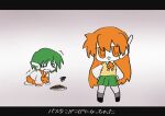  2girls :3 all_fours android burnt_food chibi dancing furrowed_brow green_hair green_skirt hands_on_own_hips highres jitome long_hair long_sleeves multi_(to_heart) multiple_girls orange_eyes orange_skirt pan_kogekoge_ni_nacchatta_(utau) parody pizamanmgmg_1 robot_ears school_uniform serafuku serio_(to_heart) shirt short_hair simple_background skirt squiggle sweater_vest tearing_up title_parody to_heart to_heart_(series) translation_request trembling white_background white_shirt yellow_sweater_vest 
