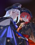  2girls alternate_costume ange_katrina belt black_hat black_jacket black_necktie blue_cape blue_eyes breast_pocket cape closed_mouth collared_shirt commentary dark_background elmida epaulettes hat highres jacket lapels lize_helesta lize_helesta_(7th_costume) looking_at_viewer looking_to_the_side military_hat military_uniform multiple_girls necktie nijisanji notched_lapels pocket ponytail purple_eyes red_cape red_hair red_shirt shirt short_ponytail side_cape sidelocks single_epaulette smile split_mouth virtual_youtuber white_belt white_hat 