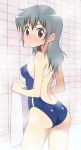  1girl absurdres backless_swimsuit bare_shoulders black_eyes blush breasts competition_swimsuit green_hair hidamari_sketch highres holding holding_towel long_hair looking_at_viewer looking_back medium_breasts natsume_(hidamari_sketch) one-piece_swimsuit roswell_ss solo steam swimsuit towel 
