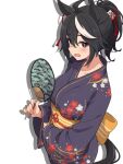  1girl animal_ears black_hair black_kimono breasts hand_fan highres holding holding_fan horse_ears horse_girl horse_tail japanese_clothes kimono kitasan_black_(umamusume) large_breasts looking_at_viewer multicolored_hair open_mouth paper_fan red_eyes solo streaked_hair tail uchiwa umamusume wa_(wamizest7) 