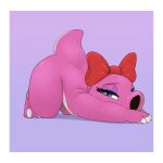 1:1 2023 anthro ass_up bedroom_eyes big_bow birdo blue_eyes border claws erection eyelashes eyeshadow femboy full-length_portrait genitals head_bow hi_res humanoid_genitalia humanoid_penis looking_at_viewer lying makeup male male_anthro mario_bros narrowed_eyes neemyart nintendo nude on_front penis portrait purple_background purple_eyeshadow raised_tail red_bow scalie seductive side_view simple_background solo squint tail thick_thighs three-quarter_view white_border white_claws
