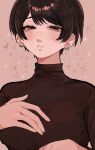  1girl absurdres black_shirt blush ear_piercing earrings heart highres jewelry koucha_(pankeki_koucha) kuromitsu_hana_(koucha) long_neck looking_at_viewer original piercing shirt short_hair simple_background tomboy turtleneck turtleneck_shirt upper_body 