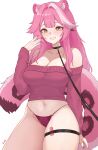  1girl absurdres animal_ears black_choker blush breasts choker cleavage collarbone commentary english_commentary fingernails grin hair_intakes highres hololive hololive_english large_breasts long_hair long_sleeves multicolored_hair nail_polish navel panther_ears panther_girl panther_tail panties pink_hair pink_nails pink_panties pink_sweater pynkmouth raora_panthera sash simple_background smile solo stomach streaked_hair sweater tail thighs underwear virtual_youtuber white_background yellow_eyes 