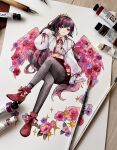  1girl art_tools_in_frame black_hair black_pantyhose boots breasts commentary crossed_legs flower full_body hand_up high_heel_boots high_heels highres invisible_chair long_hair looking_at_viewer medium_breasts midriff miniskirt neck_ribbon original painting_(medium) pantyhose parted_lips pink_eyes pink_wings purple_flower purple_rose red_flower red_ribbon red_rose red_shoes red_skirt ribbon rose shirt shoes side_part sitting skirt sleeve_ribbon sleeves_past_wrists solo symbol-only_commentary tiara traditional_media very_long_hair watercolor_(medium) white_shirt wings yuyuharu_1027 