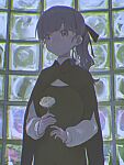  1girl black_ribbon black_shawl blurry closed_mouth flower grey_eyes grey_hair hair_ribbon hashtag-only_commentary highres holding holding_flower kurobeko_(kur0bek0) lapwing_(vrchat) long_hair long_sleeves ribbon rose shawl solo vrchat white_flower white_rose 