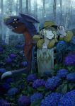 1boy backpack bag blonde_hair blue_eyes blue_flower bush commentary_request day flower forest garchomp ginkgo_guild_uniform hair_over_one_eye hand_on_headwear hat highres hydrangea long_sleeves male_focus nature no_ichigo open_mouth outdoors parted_lips pokemon pokemon_(creature) pokemon_legends:_arceus purple_flower rain sharp_teeth signature teeth volo_(pokemon) wet wet_clothes wet_hair yellow_eyes 