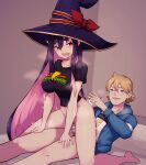  1boy 1girl absurdres ass_smack black_shirt blonde_hair blue_jacket breasts commission commissioner_upload covered_nipples glasses hat highres jacket lamb-oic029 large_breasts mighty_morphin_power_rangers multicolored_hair pink_hair power_rangers purple_hair reverse_cowgirl_position sentai_red_ga_isekai_de_boukensha_ni_naru shirt skeb_commission smile straddling two-tone_hair white_shirt william_cranston witch_hat yihdra_arvoln 