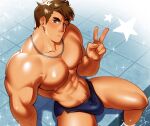  1boy abs bara biceps blue_male_swimwear blush broad_shoulders brown_eyes brown_hair chain chain_necklace head_tilt highres jewelry large_pectorals looking_at_viewer male_focus male_swimwear muscular muscular_male necklace nipples original partially_submerged pectorals raised_eyebrow sachumantd soaking_feet solo sparkle star_(symbol) thick_eyebrows thick_thighs thighs tile_floor tiles v v-taper veins veiny_arms 