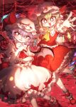 2girls ascot bat_wings blonde_hair bow brooch collared_shirt commentary crystal english_commentary fangs flandre_scarlet foot_out_of_frame frilled_shirt frilled_shirt_collar frilled_skirt frilled_sleeves frilled_socks frilled_vest frills hair_between_eyes hat hat_bow hat_ribbon head_tilt highres jewelry large_bow looking_at_viewer medium_hair mob_cap multicolored_wings multiple_girls nail_polish open_mouth outstretched_arm outstretched_hand pointy_ears puffy_short_sleeves puffy_sleeves purple_hair red_ascot red_background red_bow red_eyes red_nails red_ribbon red_shoes red_skirt red_vest remilia_scarlet ribbon ribbon-trimmed_headwear ribbon-trimmed_skirt ribbon-trimmed_sleeves ribbon_trim shirt shoes short_sleeves siblings sisters skirt skirt_set sleeve_bow sleeve_ribbon socks touhou vest white_hat white_shirt wings wrist_cuffs yellow_ascot yellow_brooch yukkyon_kyon 