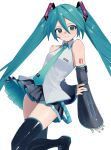  1girl aqua_eyes aqua_hair arm_behind_back bare_shoulders black_boots black_skirt blue_nails boots closed_mouth detached_sleeves foot_out_of_frame hair_between_eyes hair_ornament hatsune_miku highres koko_niiru leg_up light_blush light_smile long_hair looking_at_viewer necktie number_tattoo pleated_skirt simple_background skirt sleeveless solo standing standing_on_one_leg tattoo thigh_boots twintails vocaloid white_background 