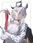  1girl black_choker black_gloves black_horns black_tail breasts choker cleavage closed_mouth collarbone collared_shirt commentary_request crossed_arms curled_horns demon_tail earrings glance gloves grey_hair half-closed_eyes highres horns jewelry key_earrings long_hair looking_at_viewer medium_breasts mole mole_under_eye necktie negse_38u red_eyes red_necktie shirt solo tail unworn_necktie upper_body white_shirt wuthering_waves zani_(wuthering_waves) 